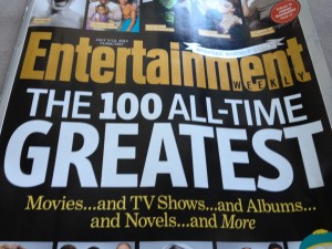 The new Entertainment Weekly, on shelves now, features their list of the top 100 movies, novels, albums and TV shows of all time.