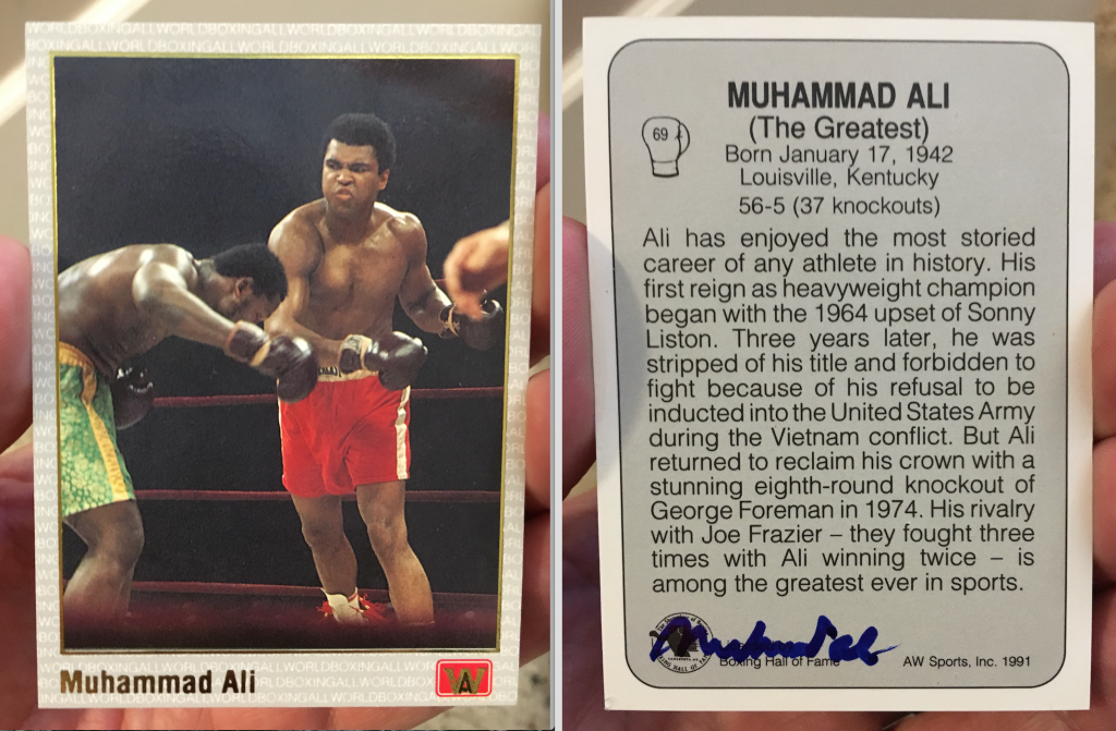 Here’s the boxing card Ali autographed for me. I wrote about this experience in that column for the Lawrence Journal-World. It’s a simple card, but it’s special to me to know he actually held it, signed it, then mailed it to nobody Seth Jones in Mulvane, Kan.