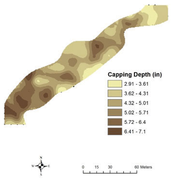 Krigged map extrapolating capping depth from a 20-foot-by-20-foot sampling grid. (Figure: Reagan Hejl)