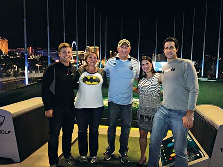 Left to right, Luke Maddox, Adrianne and Seth Jones, and Andrea and Tim Cloninger, Eugene (Ore.) CC, at Smithco’s Topgolf Las Vegas event. (Photo courtesy of Smithco)