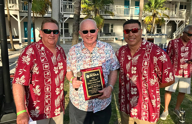 Jack Harrell, Jr (center) with Matt Taylor (left), Royal Poinciana Golf Club and board member; and Cisco Navas (right), Cypress Woods Golf and Country Club and president of the Everglades Chapter of the Golf Course Superintendents Association. (Photo courtesy of Everglades Golf Course Superintendents Association)