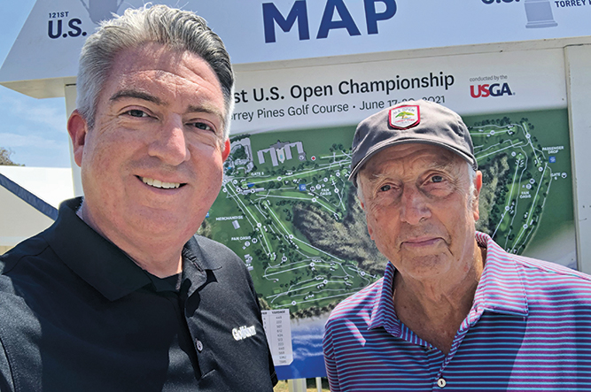 Longtime friends Seth Jones (left), Golfdom editor-in-chief, alongside the Open Doctor, Rees Jones (Photo credit: Golfdom staff).