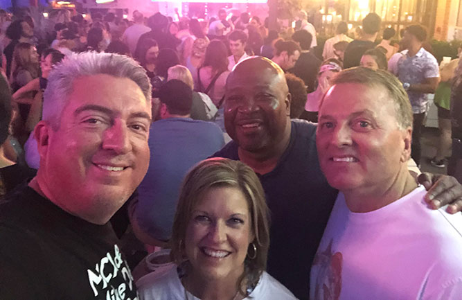 Golfdom Editor-in-Chief Seth Jones (left) was happy to not only get out to enjoy a concert, but also to make some new friends in the industry by meeting PBI-Gordon’s Brett Rieck (right) at the concert (with wife, Dana and Seth’s friend Sean Lipford in back.) (Photo: Seth Jones)