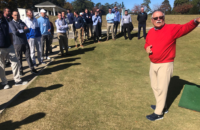 Bob Farren, CGCS, Pinehurst Resort, talks to attendees of the 2021 Green Start Academy about the origins of The Cradle, the resort’s new short course. (Photo: Golfdom Staff)