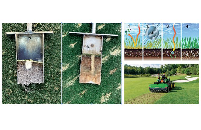 Turf before and after dethatching shown (left). Superintendents use verticutting to dethatch the turf and help encourage the natural exchange of nutrients from the atmosphere and the soil. (Photos: Bluebird Turf / Dryject / John Deere)