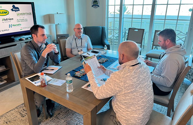 Michael Sorenson and Rob Golembiewski, Ph.D., Atticus, discuss the company’s chemistries with Matthew O’Dell, Tapawingo National GC and Joshua Goodhart, Avalon G&CC. (Photo: Golfdom staff)