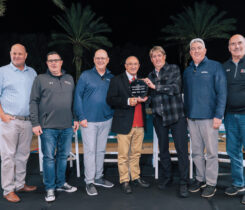 Celebrating the announcement of the new Legend is (left to right) Paul Blodorn, national account manager, Quali-Pro; Dan Hannan, business development manager, Kafka Granite; Scott Hollister, editor, Golfdom; Ken Mangum, CGCS; Shawn Emerson, associate, Ethos Club and Leisure; Seth Jones, editor-in-chief, Golfdom; and Bryan Borrell, chief strategic officer, Kafka Granite. (Photo by: Tom Ledford / Ledford Productions)