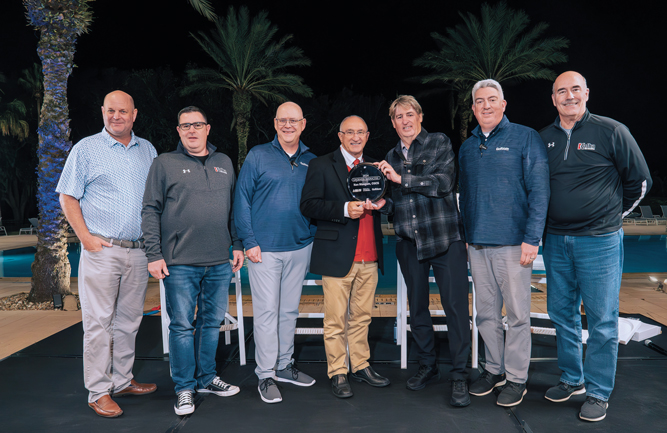 Celebrating the announcement of the new Legend is (left to right) Paul Blodorn, national account manager, Quali-Pro; Dan Hannan, business development manager, Kafka Granite; Scott Hollister, editor, Golfdom; Ken Mangum, CGCS; Shawn Emerson, associate,
Ethos Club and Leisure; Seth Jones, editor-in-chief, Golfdom; and Bryan Borrell, chief strategic officer, Kafka Granite. (Photo by: Tom Ledford / Ledford Productions)