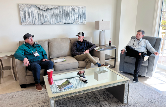 Jeff Eldridge, CGCS, (right) golf segment lead, Nufarm, chats with Jack Robbins (left), director of grounds, Pinehurst CC, Denver and Scott Robbins, director of agronomy, Ptarmigan CC, Fort Collins, Colo. (Photo: Golfdom staff)