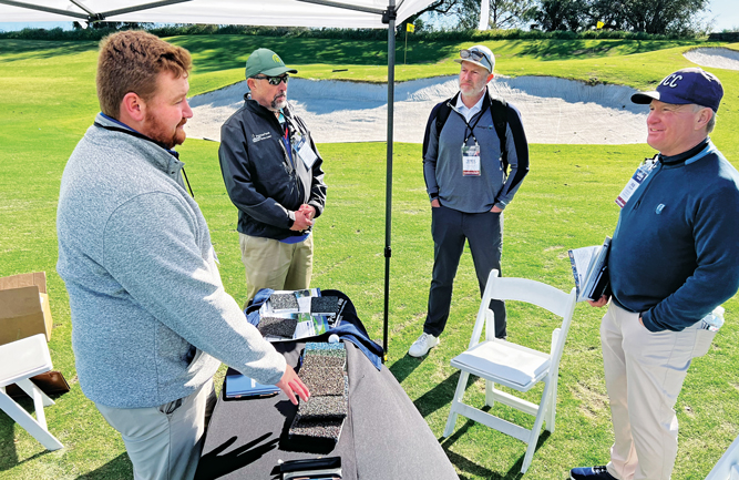 (Left to Right) Connor Ouwinga and A. John Harvey, ASGCA, meet with Greg Brandreit, CGCS, Heritage Links Construction and Rob Collins, Paradise Valley CC. (Photo: Golfdom staff)