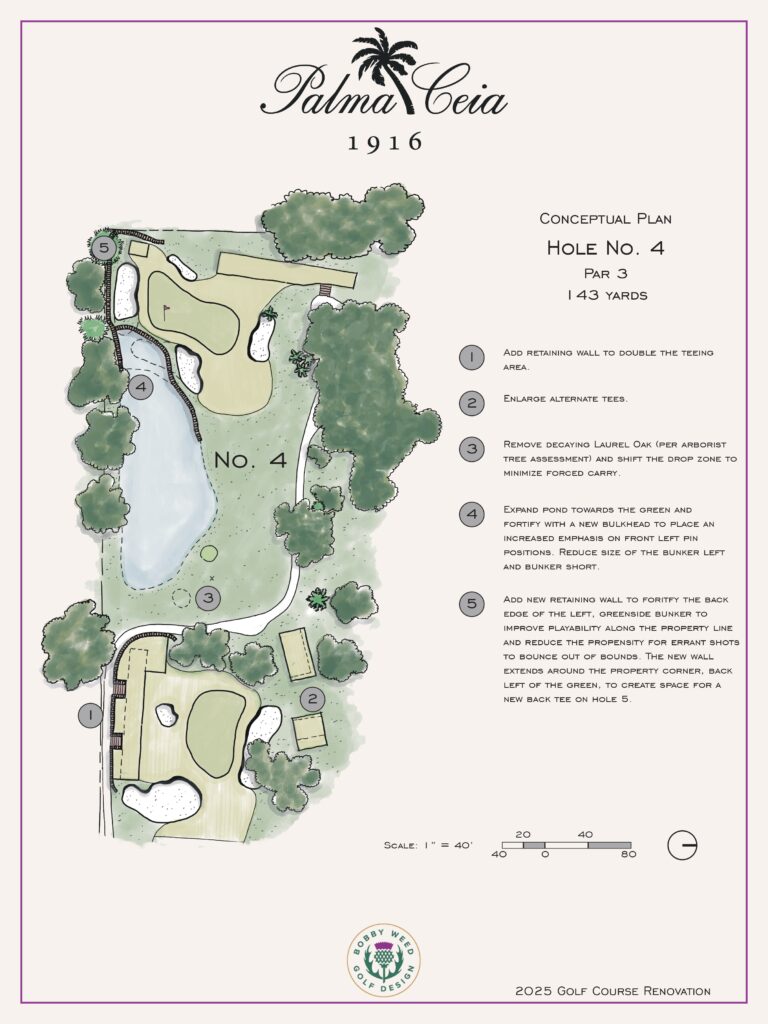 A conceptual plan of hole 4 shows necessary updates to the tee boxes, retention pond, retaining walls and green complex. (Photo: Bobby Weed)