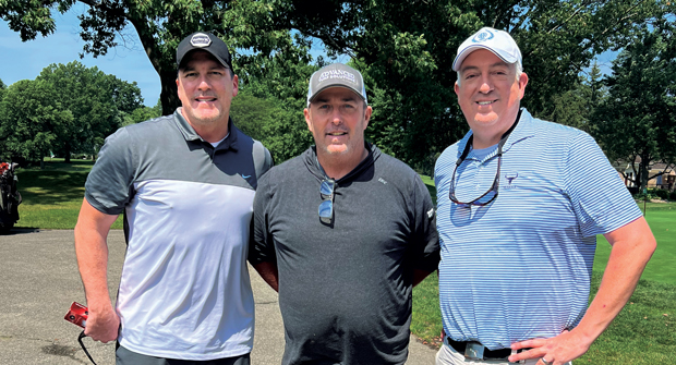 Shaker’s super super: Golfdom’s Craig MacGregor (left) and Seth Jones were able to tee it up at Shaker Heights (Ohio) CC. Before they went out, they said hello to course superintendent Bill Lewis. (Photo: Golfdom staff)
