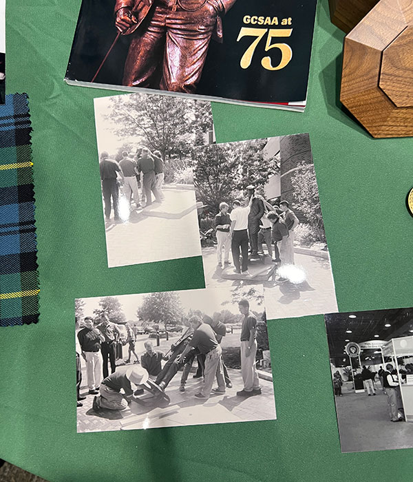 Found in the 2001 time capsule, that’s a young Seth Jones on the far right in the bottom two photos, “helping” install the Old Tom Morris statue at GCSAA headquarters. (Photo: Golfdom Staff)